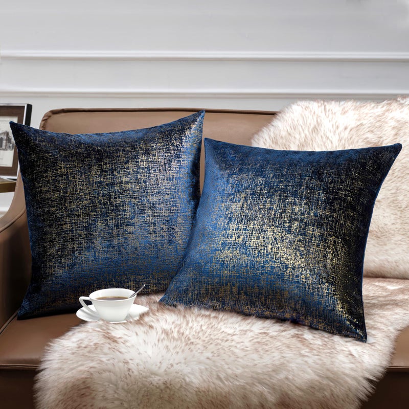 Phantoscope Pack of 2 Sparkling Velvet Geometric-Pattern Throw Decorative Pillow Cover Soft Gold Glitter Square Cushion Cover Pillowcase for Couch Bed and Chair, Navy Blue, 18 x 18 inches, 45 x 45 cm - Image 1